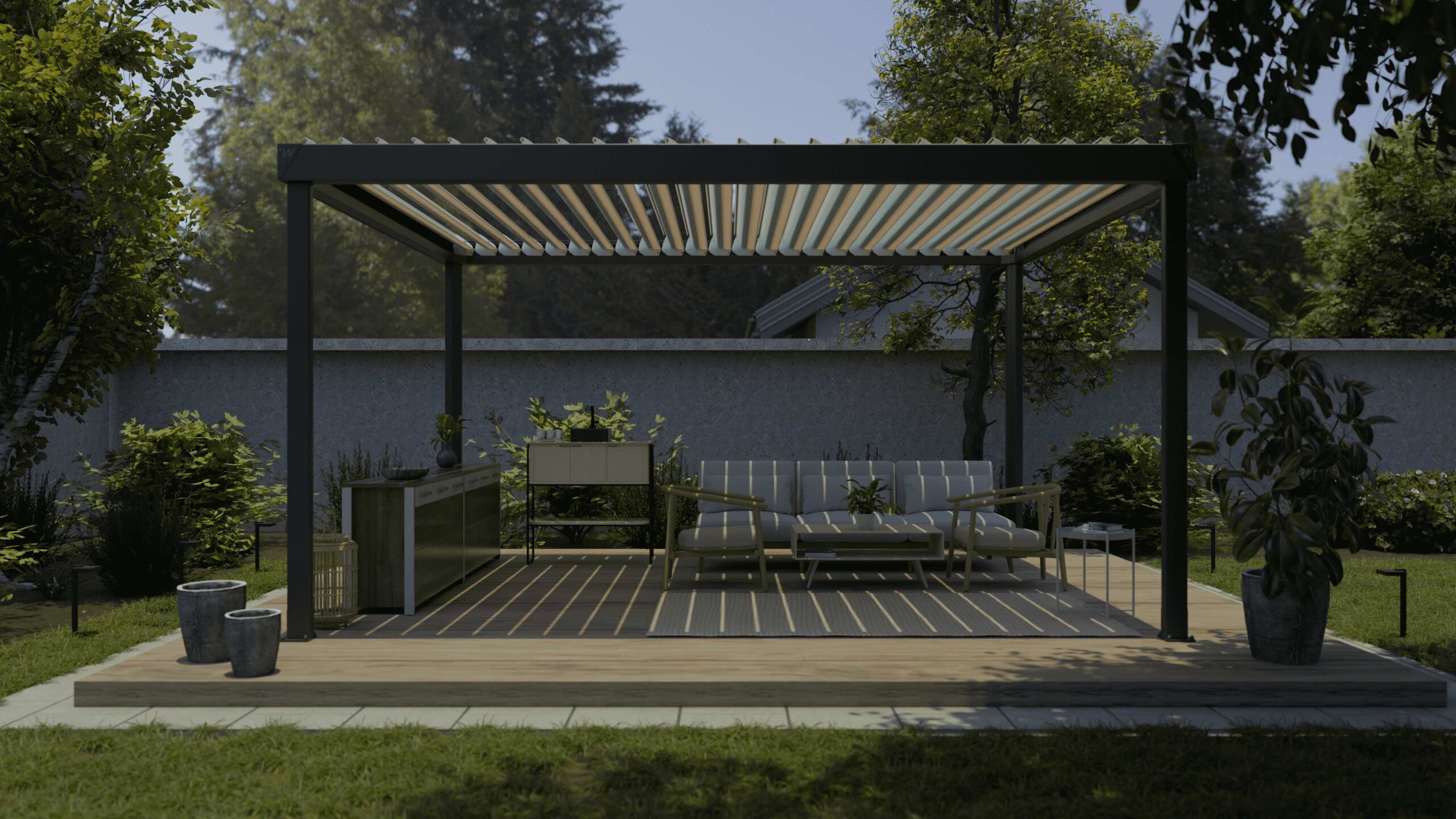 Bioklimatikus pergola komfortkiegészítőkkel